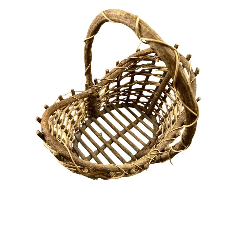 Old Rustic Twig Woven Basket Natural Vine Handle Folk Art Country Decor